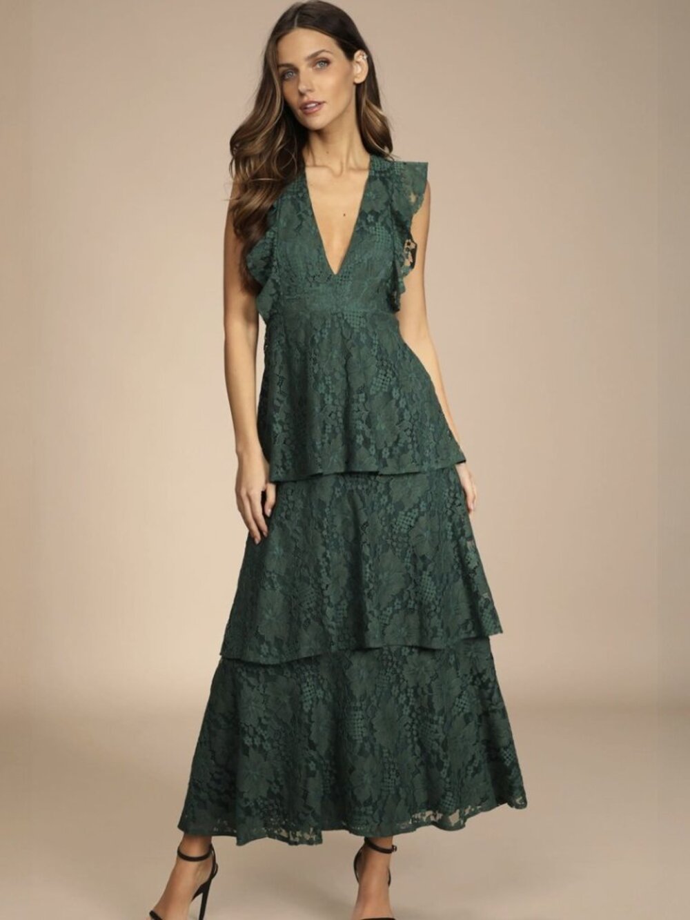 Lulus Molinetto Forest Green Lace Ruffled Tiered Sleeveless Maxi Dress NWT - Picture 10 of 10